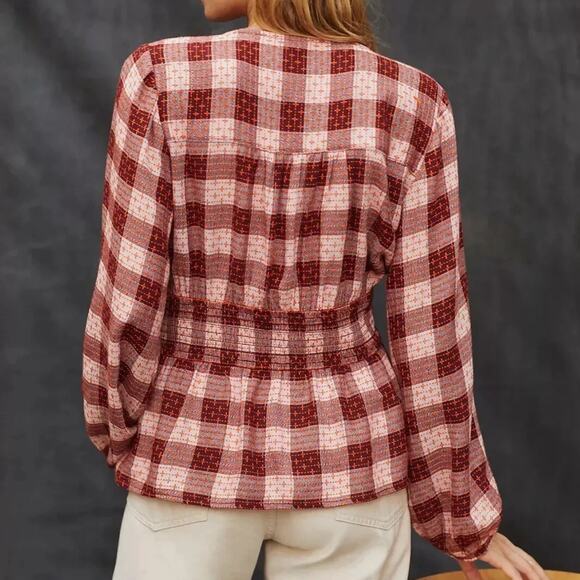 PILCRO Anthropologie Red Motif Plaid Smocked Blouse - Picture 3 of 10